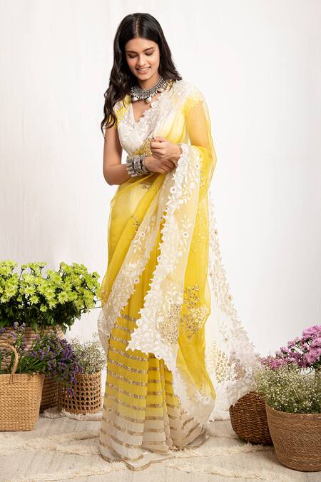 Buy Amrita Thakur Yellow Embroidery V Neck Saree With Blouse Online at Aza Fashions Buy_Amrita Thakur_Yellow Embroidery V Neck Saree With Blouse _Online_at_Aza_Fashions