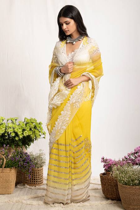 Shop Amrita Thakur Yellow Embroidery V Neck Saree With Blouse Online at Aza Fashions Shop_Amrita Thakur_Yellow Embroidery V Neck Saree With Blouse _Online_at_Aza_Fashions