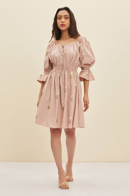 Meadow_Pink Cotton Poplin Floral Square Neck Aurora Embroidered Dress _Online_at_Aza_Fashions