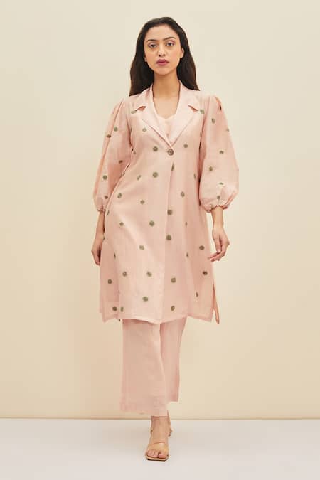 Buy Meadow Pink Silk, Cotton Chanderi Floral Notched Aurora Embroidered Tunic And Pant Set Online at Aza Fashions Buy_Meadow_Pink Silk, Cotton Chanderi Floral Notched Aurora Embroidered Tunic And Pant Set _Online_at_Aza_Fashions