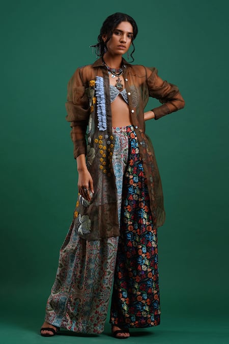 Nidhi Yasha Green Viscose Spread Collar Embroidered Shirt