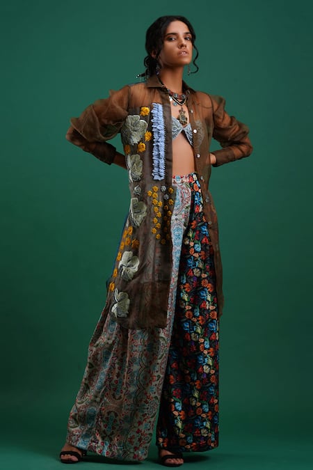 Buy Nidhi Yasha Green Viscose Spread Collar Embroidered Shirt Online at Aza Fashions Buy_Nidhi Yasha_Green Viscose Spread Collar Embroidered Shirt _Online_at_Aza_Fashions