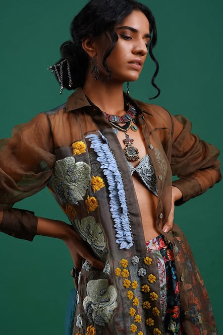 Nidhi Yasha Green Viscose Spread Collar Embroidered Shirt at Aza Fashions Nidhi Yasha_Green Viscose Spread Collar Embroidered Shirt _at_Aza_Fashions