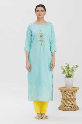 Naintara Bajaj_Blue Handloom Cotton Kurta Pant Set _Online_at_Aza_Fashions