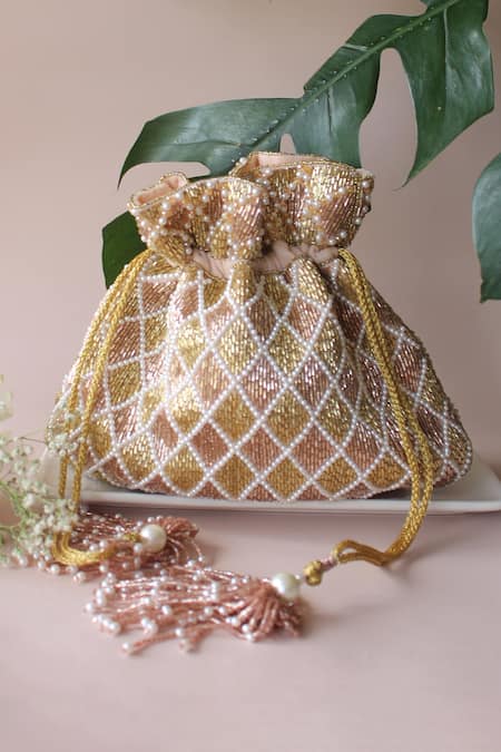 Shop Nayaab By Sonia Gold Embroidery, Pearls Silk Potli at Aza Fashions Shop_Nayaab By Sonia_Gold Embroidery, Pearls Silk Potli _at_Aza_Fashions