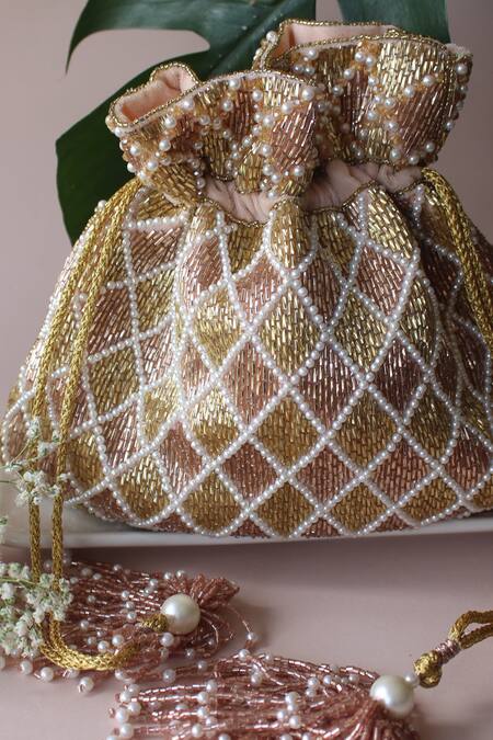 Buy Nayaab By Sonia Gold Embroidery, Pearls Silk Potli Online at Aza Fashions Buy_Nayaab By Sonia_Gold Embroidery, Pearls Silk Potli _Online_at_Aza_Fashions