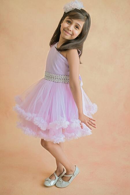 PA:Paa_Purple Tulle, Satin Beads One Shoulder Ruffle Dress_Online_at_Aza_Fashions