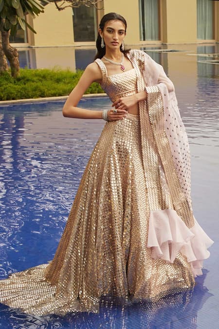 Buy Peach Heavy Embroidered Wedding Reception Lehenga and Blouse With  Contrast Gold Dupatta Online in India - Etsy