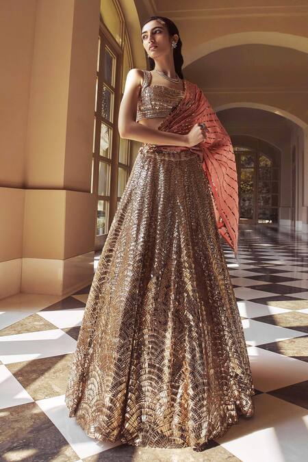 Pankaj & Nidhi_Gold Blouse Tulle, Lining Viscose Satin, Lining Hand Embellished Bridal Set _Online_at_Aza_Fashions