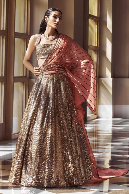 Buy_Pankaj & Nidhi_Gold Blouse Tulle, Lining Viscose Satin, Lining Hand Embellished Bridal Set _Online_at_Aza_Fashions