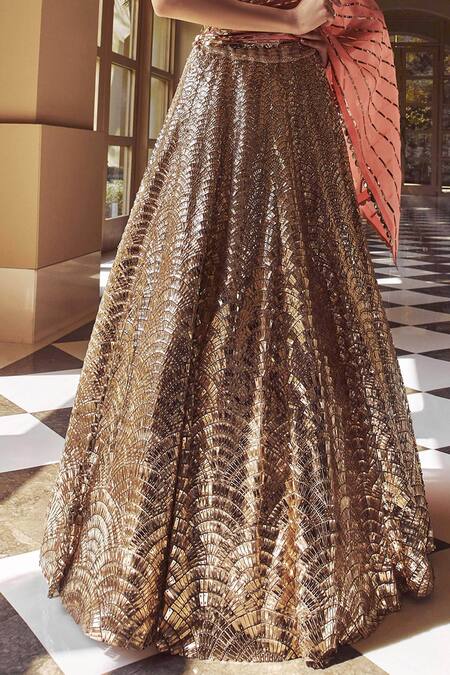 Pankaj & Nidhi_Gold Blouse Tulle, Lining Viscose Satin, Lining Hand Embellished Bridal Set _at_Aza_Fashions