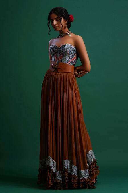 Buy Nidhi Yasha Green Viscose Sweetheart Neck Printed Crop Top And Skirt Set Online at Aza Fashions Buy_Nidhi Yasha_Green Viscose Sweetheart Neck Printed Crop Top And Skirt Set _Online_at_Aza_Fashions