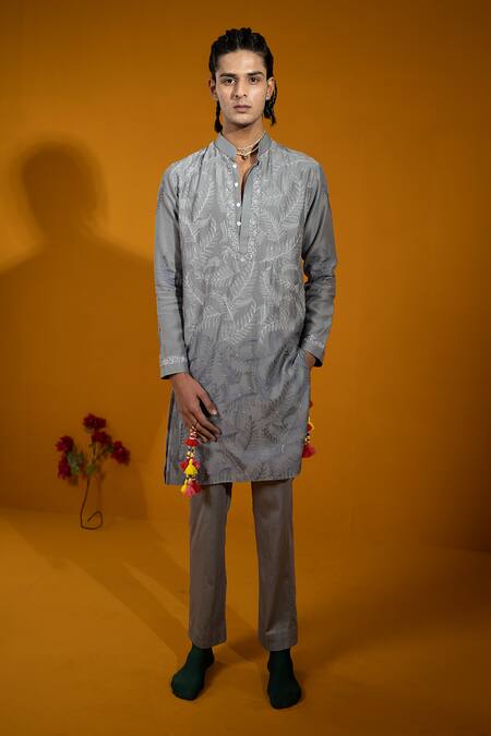 Shop Wabi Sabi By Anshum-Ritesh Grey Chanderi Embroidery Autumn Leaves Kurta Set Online at Aza Fashions Shop_Wabi Sabi By Anshum-Ritesh_Grey Chanderi Embroidery Autumn Leaves Kurta Set _Online_at_Aza_Fashions