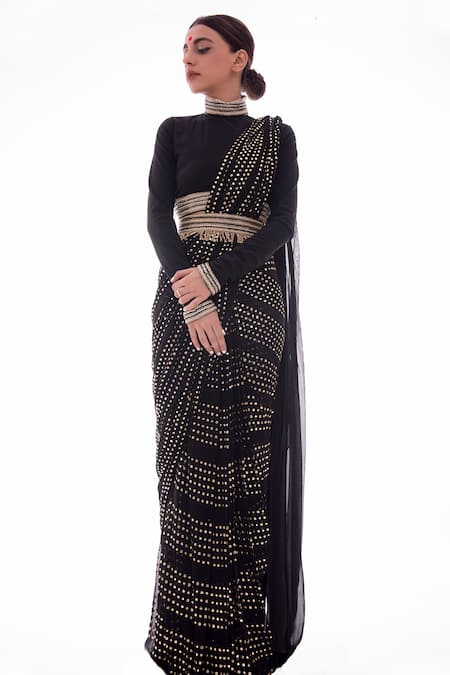 Pooja Rajpal Jaggi Black Saree Georgette Embellished Bandhgala Pre-draped Set 