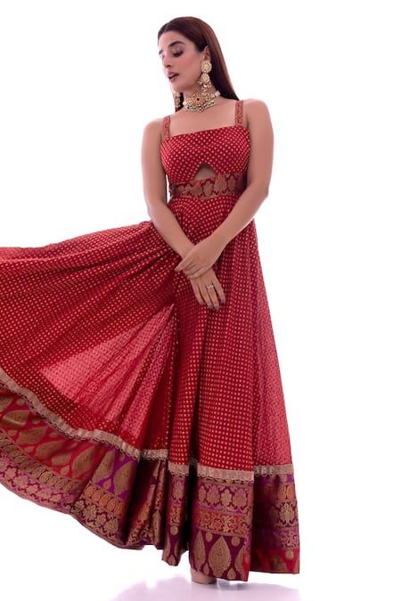 Buy_Pooja Rajpal Jaggi_Red Brocade Embroidery Square Neck Antique Embellished Jumpsuit  _Online_at_Aza_Fashions