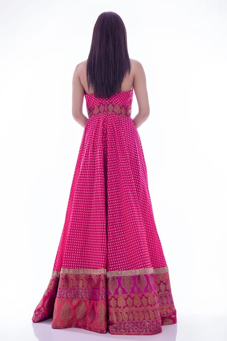 Shop_Pooja Rajpal Jaggi_Pink Brocade Embroidery Square Neck Antique Embellished Jumpsuit _at_Aza_Fashions