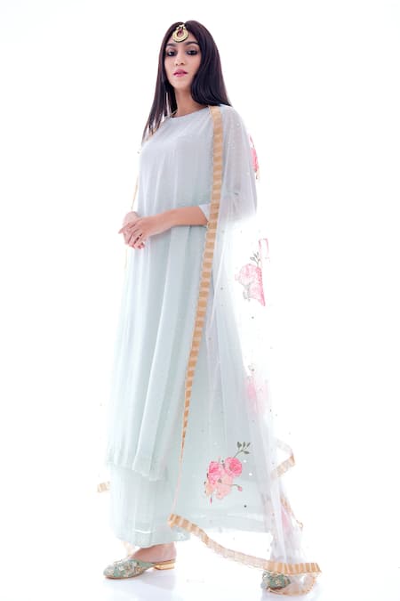 Buy_Pooja Rajpal Jaggi_Blue Kurta And Pant Georgette Dupatta Net Embroidery Round Embellished Set _Online_at_Aza_Fashions