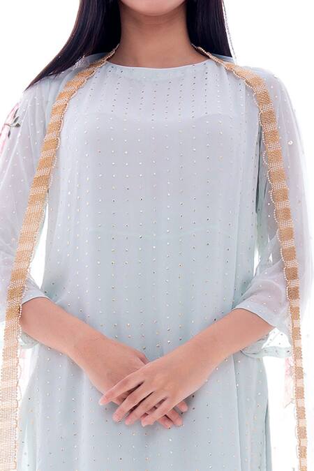 Shop_Pooja Rajpal Jaggi_Blue Kurta And Pant Georgette Dupatta Net Embroidery Round Embellished Set _Online_at_Aza_Fashions
