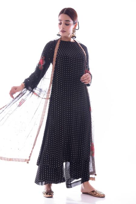 Buy_Pooja Rajpal Jaggi_Black Kurta And Pant Georgette Dupatta Net Boat Embellished Set _Online_at_Aza_Fashions