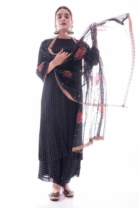 Shop_Pooja Rajpal Jaggi_Black Kurta And Pant Georgette Dupatta Net Boat Embellished Set _Online_at_Aza_Fashions