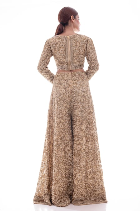 Shop_Pooja Rajpal Jaggi_Beige Blouse And Sharara French Lace Dupatta Net Embellished & Set  _at_Aza_Fashions