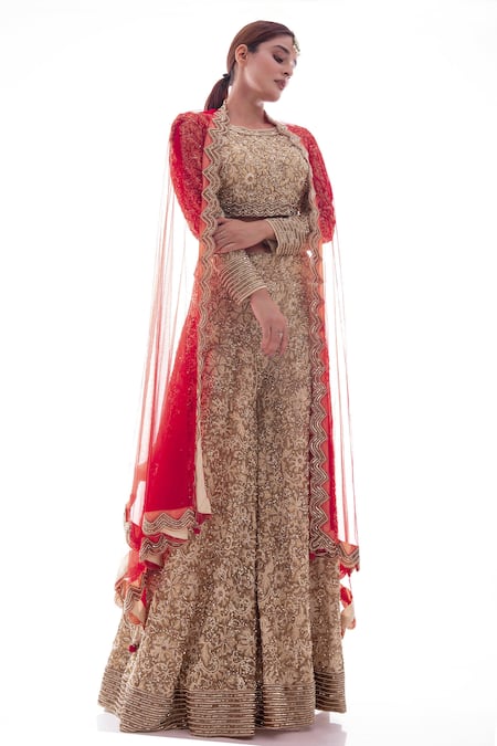Pooja Rajpal Jaggi_Beige Blouse And Sharara French Lace Dupatta Net Embellished & Set  _Online_at_Aza_Fashions