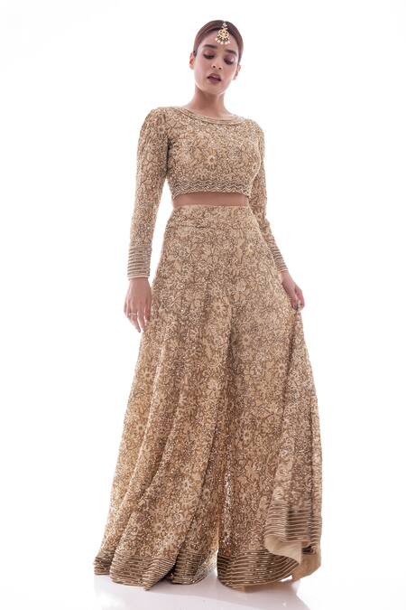 Buy_Pooja Rajpal Jaggi_Beige Blouse And Sharara French Lace Dupatta Net Embellished & Set  _Online_at_Aza_Fashions