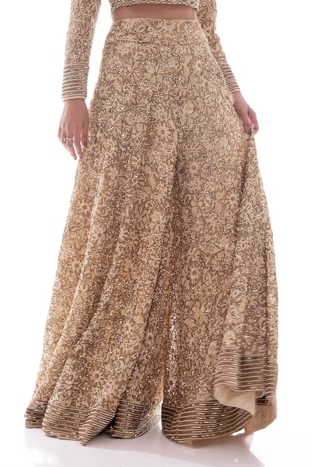 Shop_Pooja Rajpal Jaggi_Beige Blouse And Sharara French Lace Dupatta Net Embellished & Set  _Online_at_Aza_Fashions