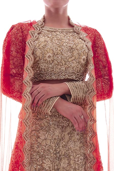 Pooja Rajpal Jaggi_Beige Blouse And Sharara French Lace Dupatta Net Embellished & Set  _at_Aza_Fashions