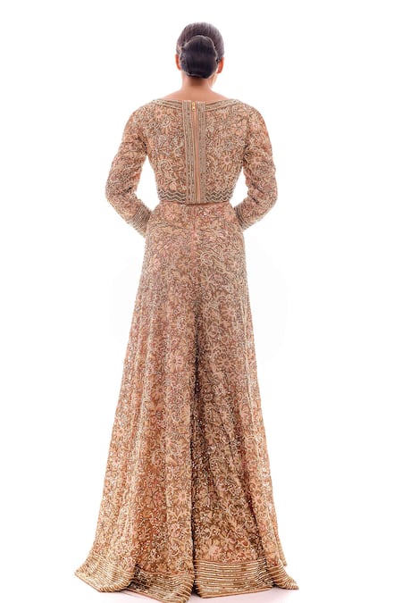 Shop_Pooja Rajpal Jaggi_Beige Blouse And Sharara French Lace Dupatta Net Embellished & Set  _at_Aza_Fashions
