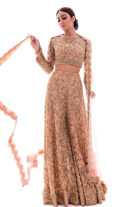 Buy_Pooja Rajpal Jaggi_Beige Blouse And Sharara French Lace Dupatta Net Embellished & Set  _Online_at_Aza_Fashions