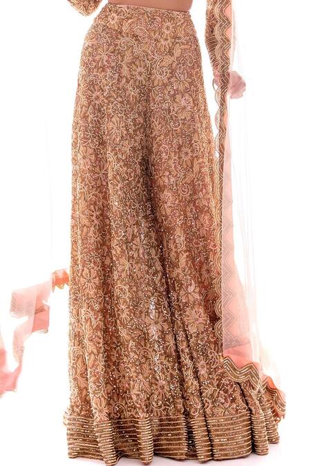Shop_Pooja Rajpal Jaggi_Beige Blouse And Sharara French Lace Dupatta Net Embellished & Set  _Online_at_Aza_Fashions
