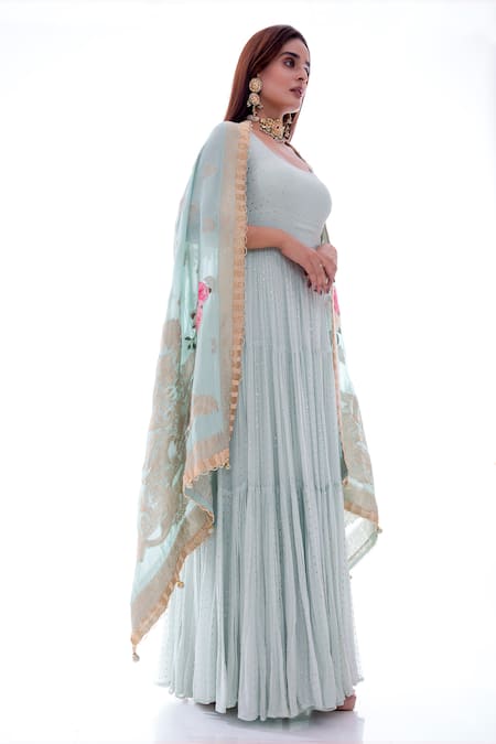 Pooja Rajpal Jaggi_Blue Anarkali Georgette Dupatta Banarasi Pant Crepe U Neck Embellished Set_Online_at_Aza_Fashions