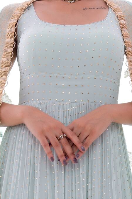 Shop_Pooja Rajpal Jaggi_Blue Anarkali Georgette Dupatta Banarasi Pant Crepe U Neck Embellished Set_Online_at_Aza_Fashions