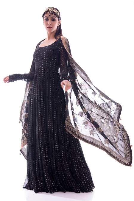 Buy_Pooja Rajpal Jaggi_Black Anarkali Georgette Dupatta Banarasi Pant Crepe U Embellished Set_Online_at_Aza_Fashions