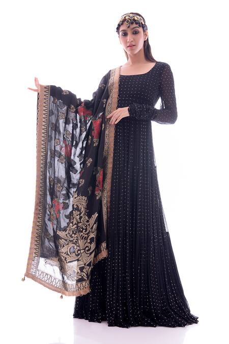 Shop_Pooja Rajpal Jaggi_Black Anarkali Georgette Dupatta Banarasi Pant Crepe U Embellished Set_Online_at_Aza_Fashions