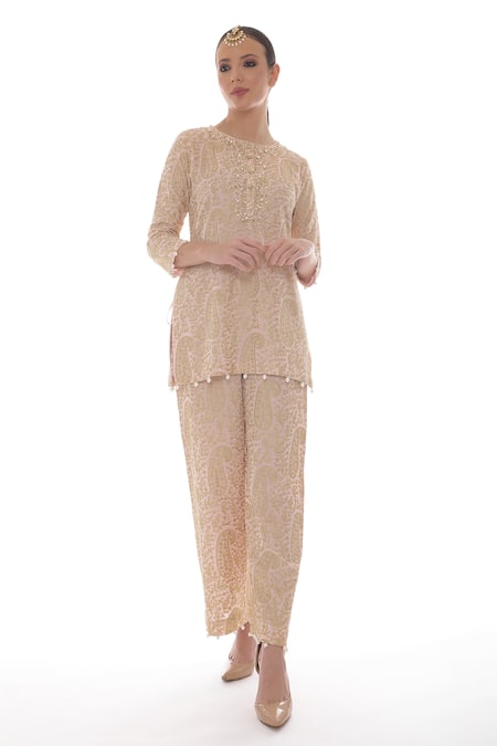 Pooja Rajpal Jaggi Pink Georgette Gold Kashmiri And Pearls Round Jaal Embroidered Kurta And Pant Set Online at Aza Fashions Pooja Rajpal Jaggi_Pink Georgette Gold Kashmiri And Pearls Round Jaal Embroidered Kurta And Pant Set _Online_at_Aza_Fashions