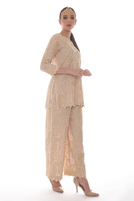 Shop Pooja Rajpal Jaggi Pink Georgette Gold Kashmiri And Pearls Round Jaal Embroidered Kurta And Pant Set Online at Aza Fashions Shop_Pooja Rajpal Jaggi_Pink Georgette Gold Kashmiri And Pearls Round Jaal Embroidered Kurta And Pant Set _Online_at_Aza_Fashions