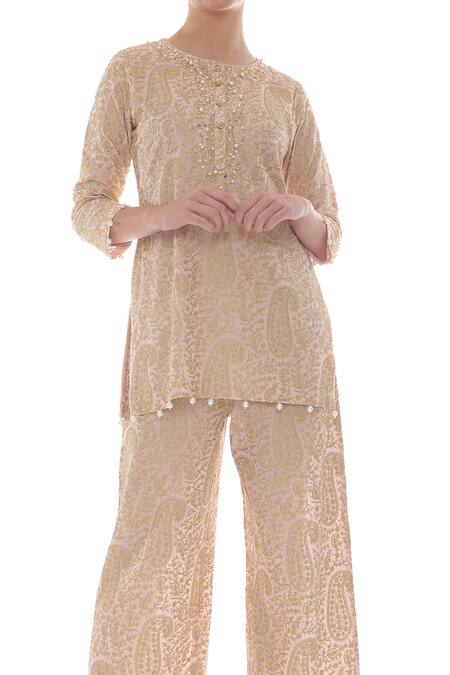 Pooja Rajpal Jaggi Pink Georgette Gold Kashmiri And Pearls Round Jaal Embroidered Kurta And Pant Set at Aza Fashions Pooja Rajpal Jaggi_Pink Georgette Gold Kashmiri And Pearls Round Jaal Embroidered Kurta And Pant Set _at_Aza_Fashions