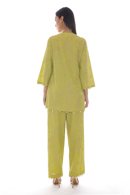 Shop_Pooja Rajpal Jaggi_Green Georgette Embroidery Gold Kashmiri And Jaal Kurta And Pant Set  _at_Aza_Fashions
