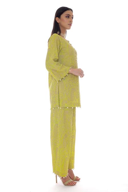 Buy_Pooja Rajpal Jaggi_Green Georgette Embroidery Gold Kashmiri And Jaal Kurta And Pant Set  _Online_at_Aza_Fashions