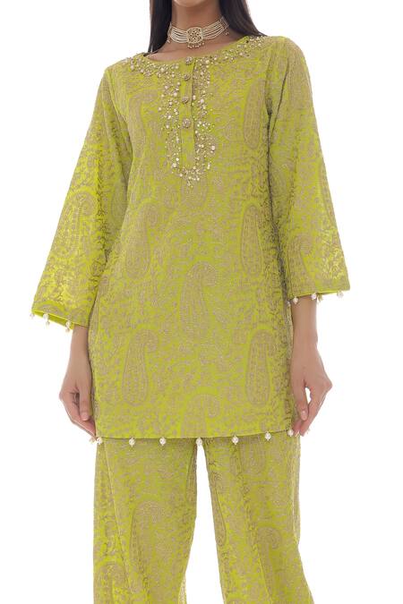 Shop_Pooja Rajpal Jaggi_Green Georgette Embroidery Gold Kashmiri And Jaal Kurta And Pant Set  _Online_at_Aza_Fashions