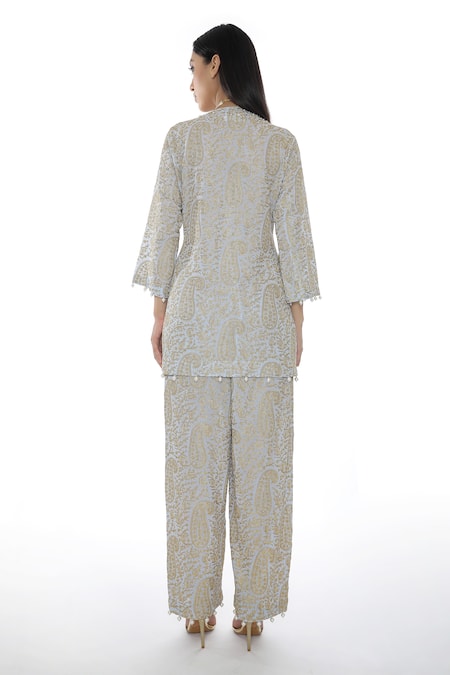 Shop_Pooja Rajpal Jaggi_Blue Georgette Embroidery Gold Kashmiri And Jaal Kurta And Pant Set  _at_Aza_Fashions