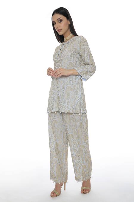 Buy_Pooja Rajpal Jaggi_Blue Georgette Embroidery Gold Kashmiri And Jaal Kurta And Pant Set  _Online_at_Aza_Fashions