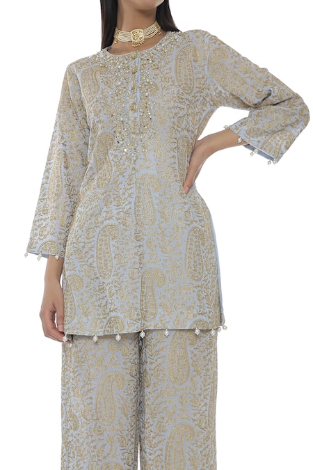 Shop_Pooja Rajpal Jaggi_Blue Georgette Embroidery Gold Kashmiri And Jaal Kurta And Pant Set  _Online_at_Aza_Fashions