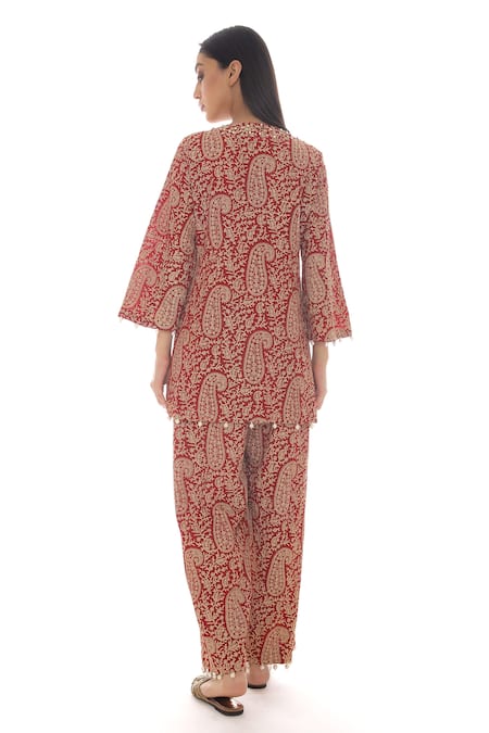 Shop_Pooja Rajpal Jaggi_Red Georgette Gold Kashmiri And Pearls Round Jaal Embroidered Kurta And Pant Set _at_Aza_Fashions