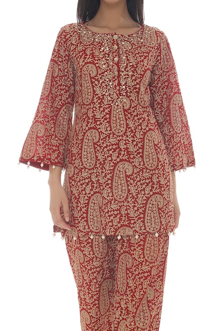 Shop_Pooja Rajpal Jaggi_Red Georgette Gold Kashmiri And Pearls Round Jaal Embroidered Kurta And Pant Set _Online_at_Aza_Fashions