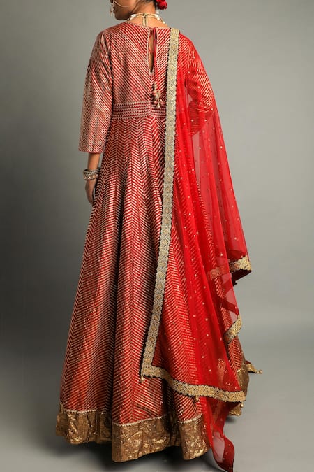 Shop_Pooja Rajpal Jaggi_Red Raw Silk Embroidery Gota Scoop Neck Anarkali With Dupatta  _at_Aza_Fashions