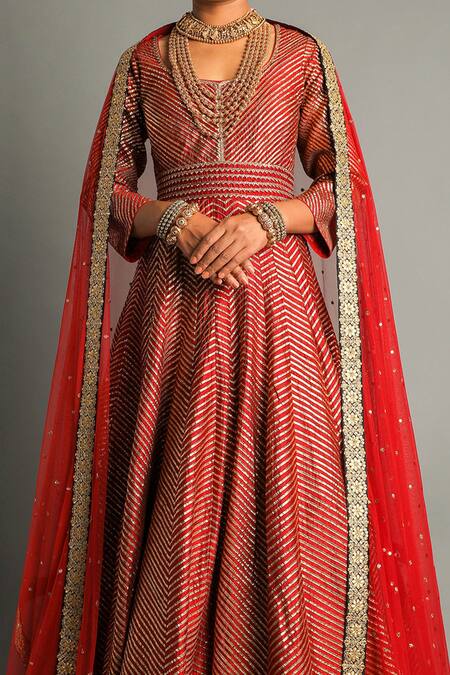 Buy_Pooja Rajpal Jaggi_Red Raw Silk Embroidery Gota Scoop Neck Anarkali With Dupatta  _Online_at_Aza_Fashions