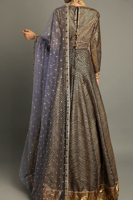 Shop_Pooja Rajpal Jaggi_Black Raw Silk Embroidery Gota Scoop Neck Anarkali With Dupatta  _at_Aza_Fashions